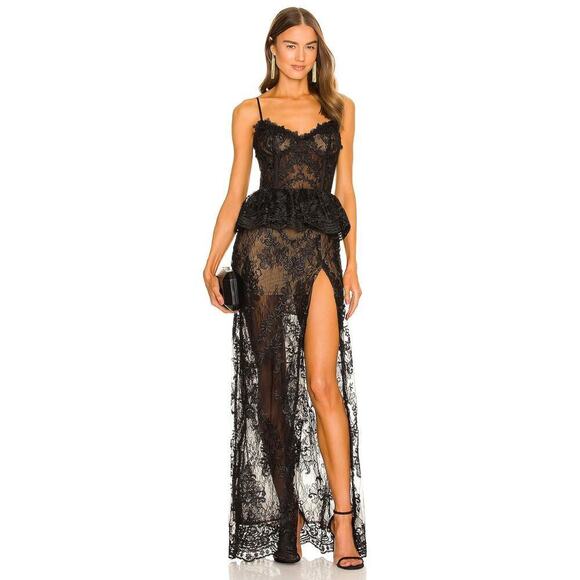 V. Chapman Ophilia Ruffled Peplum Front-Slit Lace Corset Gown Black Size 4 NWT - Picture 2 of 12